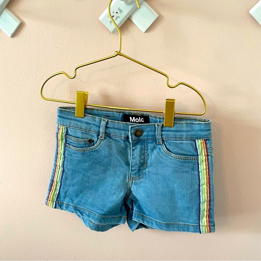 Molo Light Blue Denim Shorts with rainbow stripes Size 8 128cm like new
